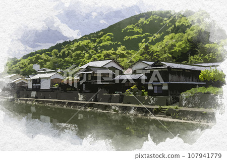 Watercolor style Hirafuku riverside landscape Sayo-cho, Sayo-gun, Hyogo Prefecture 107941779