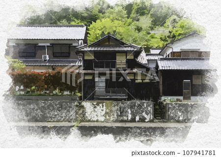 Watercolor style Hirafuku riverside landscape Sayo-cho, Sayo-gun, Hyogo Prefecture 107941781