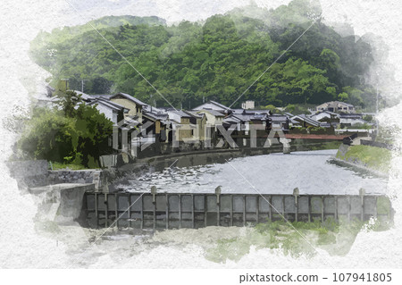 Watercolor style Hirafuku riverside landscape Sayo-cho, Sayo-gun, Hyogo Prefecture 107941805