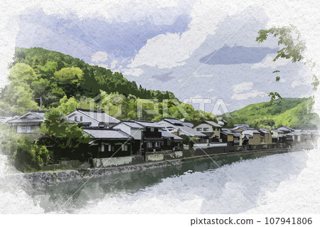 Watercolor style Hirafuku riverside landscape Sayo-cho, Sayo-gun, Hyogo Prefecture Watercolor style Hirafuku riverside landscape Sayo-cho, Sayo-gun, Hyogo Prefecture 107941806