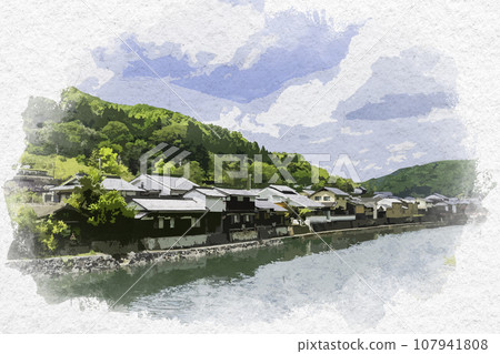 Watercolor style Hirafuku riverside landscape Sayo-cho, Sayo-gun, Hyogo Prefecture 107941808