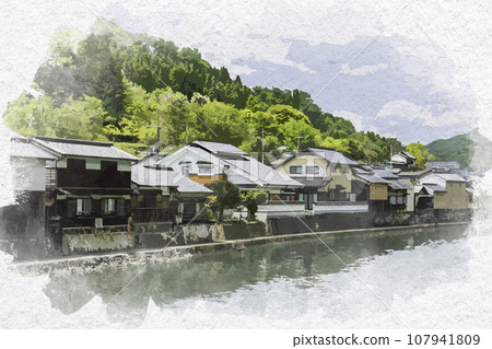 Watercolor style Hirafuku riverside landscape Sayo-cho, Sayo-gun, Hyogo Prefecture 107941809