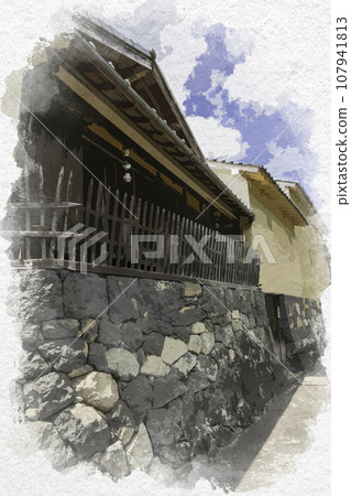 Watercolor style Hirafuku riverside landscape Sayo-cho, Sayo-gun, Hyogo Prefecture 107941813