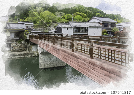 Watercolor style Hirafuku riverside landscape Sayo-cho, Sayo-gun, Hyogo Prefecture 107941817