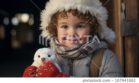 Cute Young Toddler Girl Dressed for a Snowy Christmas Holding Her Teddy Bear. Generative AI. 107941882