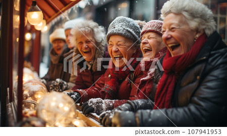 Laughing Group of Senior Adult Women Enjoying the Christmas Holiday Shop in the Village During an Evening Stroll Together. Generative AI. 107941953