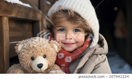 Cute Young Toddler Boy Dressed for a Snowy Christmas Holding His Teddy Bear. Generative AI. 107942224