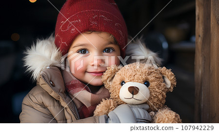 Cute Young Toddler Girl Dressed for a Snowy Christmas Holding Her Teddy Bear. Generative AI. 107942229