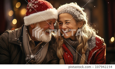 Affectionate Senior Couple Outdoor Portrait Wearing Warm Christmas Holiday Attire. Generative AI. 107942234