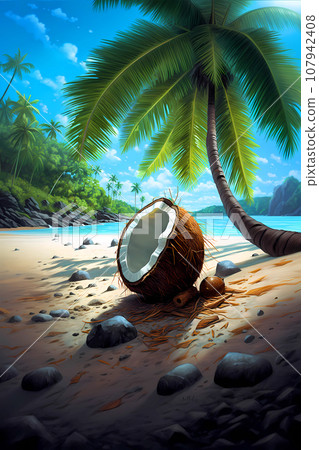 Illustration of a beautiful tropical island with a beach and palm trees Illustration of a beautiful tropical island with a beach and palm trees 107942408