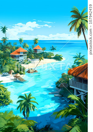 Illustration of a beautiful view of a tropical island Illustration of a beautiful view of a tropical island 107942459