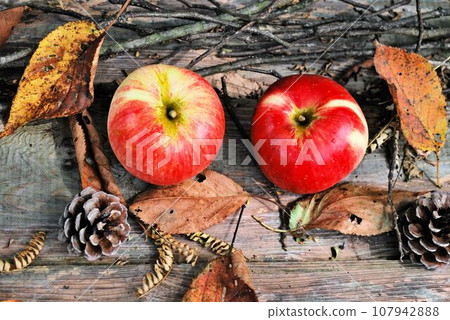 Apples nestled on old wood grain Apples nestled on old wood grain 107942888
