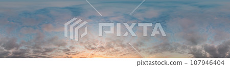 Sunset sky panorama with bright glowing pink Cumulus clouds. HDR 360 seamless spherical panorama. Full zenith or sky dome in 3D, sky replacement for aerial drone panoramas. Climate and weather change. Sunset sky panorama with bright glowing pink Cumulus clouds. HDR 360 seamless spherical panorama. Full zenith or sky dome in 3D, sky replacement for aerial drone panoramas. Climate and weather change. 107946404