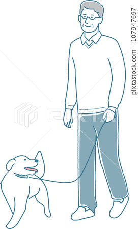 老人帶著他的狗散步,全身 老人帶著他的狗散步,全身 107947697
