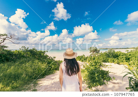 一個穿著裙子降落在熱帶國家的女人 107947765