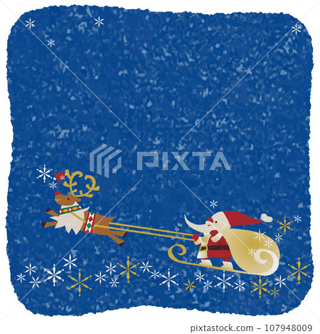 Santa Claus and reindeer flying in the sky, stars and snow in the night sky_Watercolor touch square Christmas card 107948009