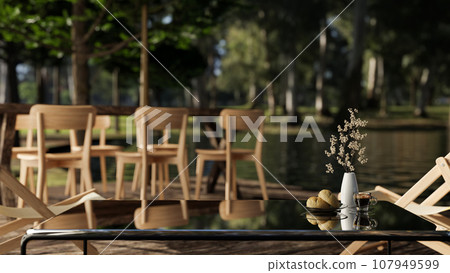 Copy space on a coffee table with a blurred background of a dining table in a beautiful green forest Copy space on a coffee table with a blurred background of a dining table in a beautiful green forest 107949599
