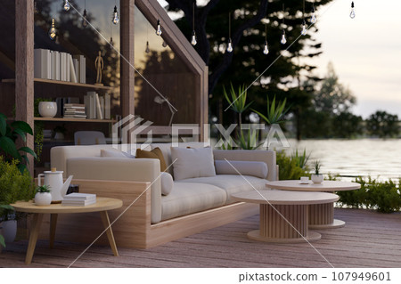 Exterior design of a beautiful and comfortable outdoor lounge relaxation area with a beautiful lake. Exterior design of a beautiful and comfortable outdoor lounge relaxation area with a beautiful lake. 107949601