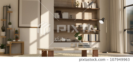 A modern spacious living room with a coffee cup on a carpet, a floor lamp, a cactus shelf, and decor A modern spacious living room with a coffee cup on a carpet, a floor lamp, a cactus shelf, and decor 107949963