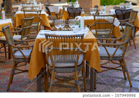 Table set for an event party or wedding reception in a restaurant. 107949998