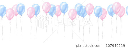Banner blue pink balloons, boy girl birthday surprise. Gender reveal party, baby shower. Hand drawn watercolor illustration isolated on white background. For newborn products 107950219