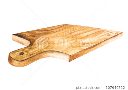 Watercolor illustration of wooden kitchen cutting board for food. Hand drawing Watercolor illustration of wooden kitchen cutting board for food. Hand drawing 107950312