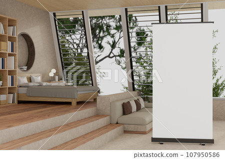 A blank poster mockup to display your graphic ads stands on the floor in a modern cozy bedroom. 107950586
