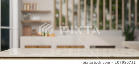 Empty space on a tabletop with a blurred background of a modern kitchen. Empty space on a tabletop with a blurred background of a modern kitchen. 107950731