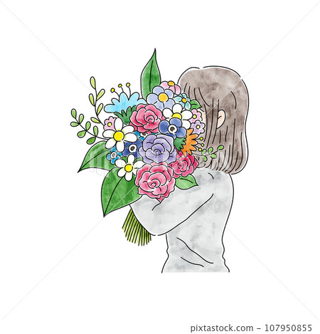 A woman hiding her face with a bouquet of flowers 107950855