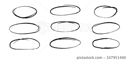 Rough highlight circles set. Doodle and scribble ellipses collection. Grunge hand drawn ovals or bubbles for emphasis. Sketchy marker round elements for collage, poster, banner, cover. Vector pack 107951400