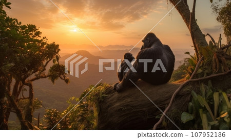 gorilla family at sunset gorilla family at sunset 107952186