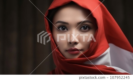 indonesian woman and flag. indonesian woman and flag. 107952245