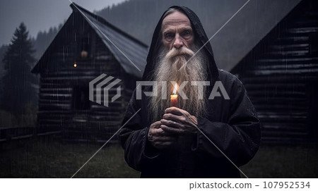 old believer on the background of an old wooden church 107952534
