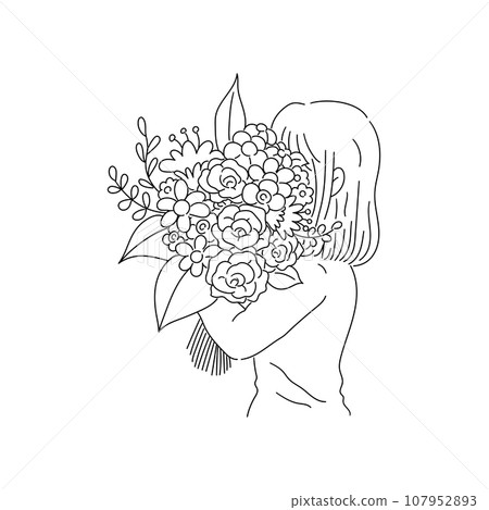 一個女人用一束花遮住臉的線條畫 一個女人用一束花遮住臉的線條畫 107952893