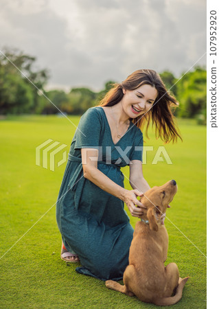 A serene and radiant pregnant woman after 40 and her dog, surrounded by nature's beauty in the park, cherishing the journey of motherhood with a glowing smile A serene and radiant pregnant woman after 40 and her dog, surrounded by nature's beauty in the park, cherishing the journey of motherhood with a glowing smile 107952920