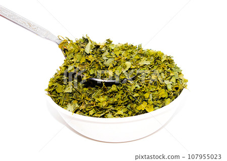 Kasuri Methi on white background with selective focus 107955023