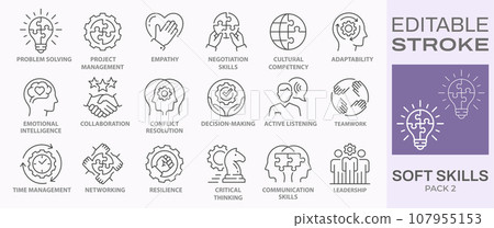 Soft skills icons, such as leadership, teamwork, problem solving, time management and more. Editable stroke. 107955153