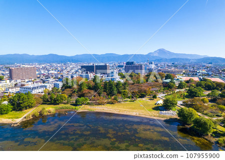 Drone photography | Aerial photography of Nagahama Castle on the shore of Lake Biwa, Nagahama city, and Mt. Ibuki | Nagahama City, Shiga Prefecture 107955900