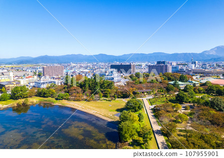 Drone photography | Aerial photography of Nagahama Castle on the shore of Lake Biwa, Nagahama city, and Mt. Ibuki | Nagahama City, Shiga Prefecture 107955901