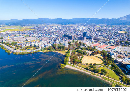 Drone photography | Aerial photography of Nagahama Castle on the shore of Lake Biwa, Nagahama city, and Mt. Ibuki | Nagahama City, Shiga Prefecture 107955902