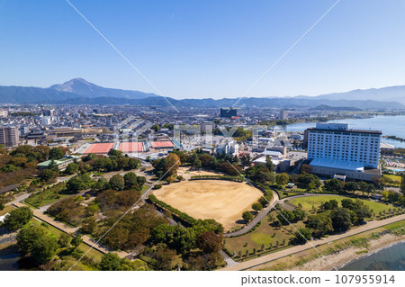 Drone photography | Aerial photography of Nagahama Castle on the shore of Lake Biwa, Nagahama city, and Mt. Ibuki | Nagahama City, Shiga Prefecture 107955914