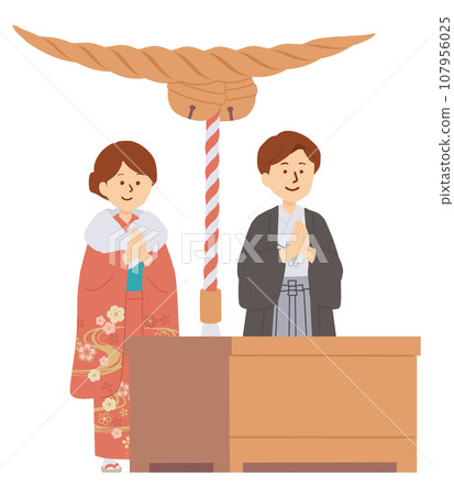 Illustration of a person praying in a kimono 107956025