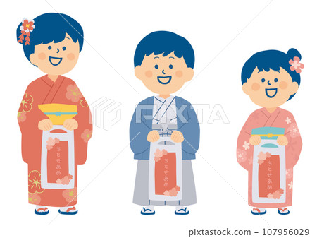Illustration of children wearing Shichi-Go-San kimono Illustration of children wearing Shichi-Go-San kimono 107956029