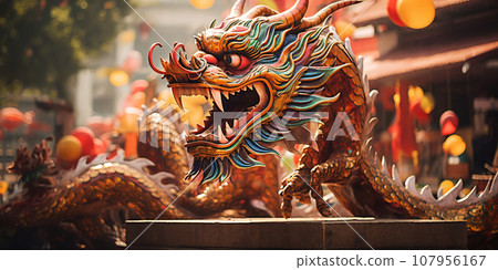 Dragon, adorned with traditional Lunar New Year decorations. 107956167