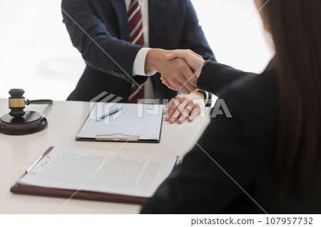 Legal and justice concept, Businessman shaking hands with female lawyer after agreement contract Legal and justice concept, Businessman shaking hands with female lawyer after agreement contract 107957732