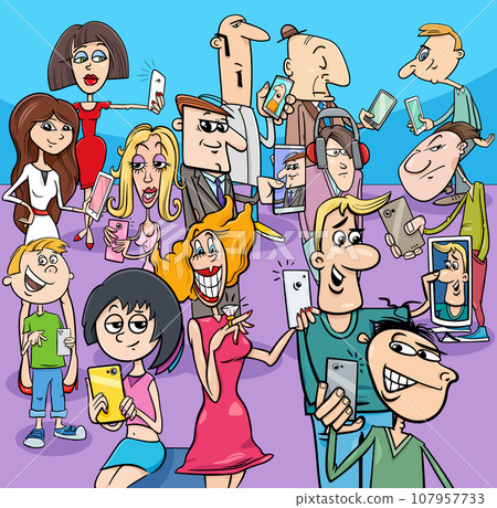 cartoon people with smart phones and electronic devices cartoon people with smart phones and electronic devices 107957733