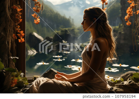 Young woman in white clothes meditates sitting at a window overlooking a mountain landscape 107958194