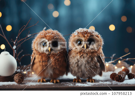 Cute owls on the background of Christmas lights Cute owls on the background of Christmas lights 107958213