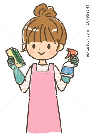 年輕女性消毒、漂白及清潔黴菌,上半身,無背景 年輕女性消毒、漂白及清潔黴菌,上半身,無背景 107958544