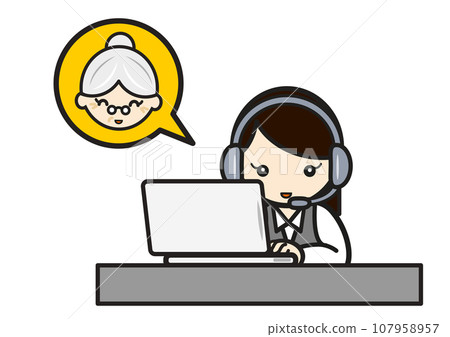 A call center woman receives a call from an old woman while working at a computer. A call center woman receives a call from an old woman while working at a computer. 107958957